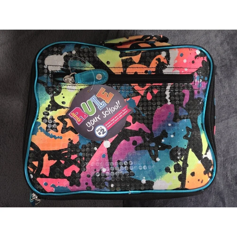 HTF School JUSTICE 2pc BACKPACK & LUNCH BOX TOTE SET EMOJI RAINBOW NwT
